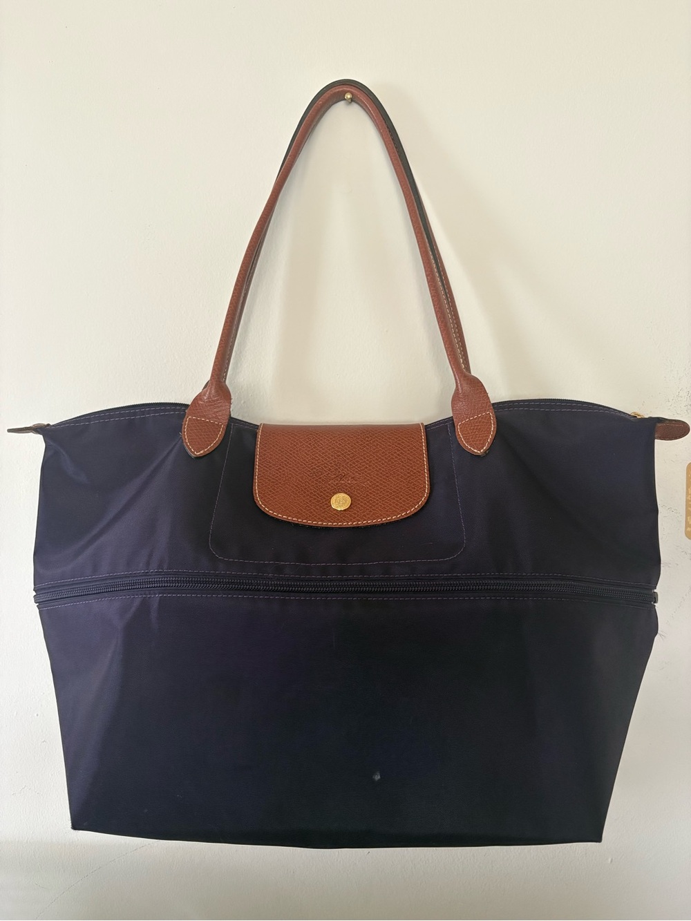 Longchamp Navy Tote with Brown Leather Trim